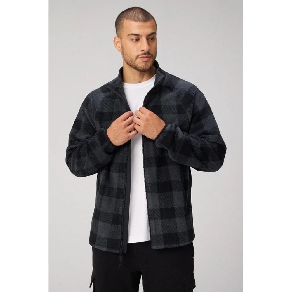 Fabletics The Pine City Full Zip Fleece Jacket Black Mountain Plaid Size XXL